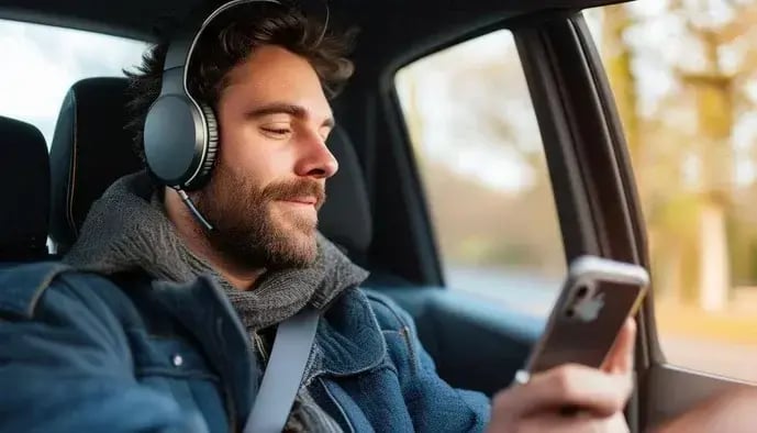 Un hombre escucha el podcast Dealership Talks desde Sharebox en el coche