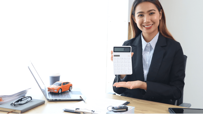 Care sales woman with calculator